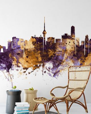 Beijing Skyline Purple & Gold Wallpaper