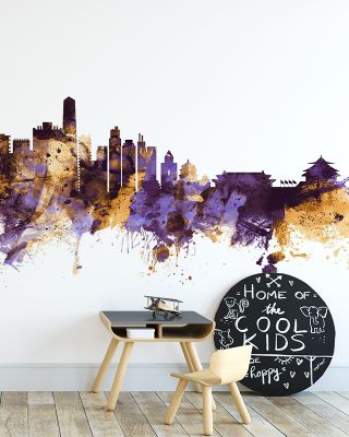 Beijing Skyline Purple & Gold Wallpaper