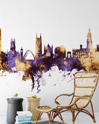 Bolton England Skyline Purple & Gold Wallpaper