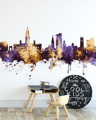 Bolton England Skyline Purple & Gold Wallpaper