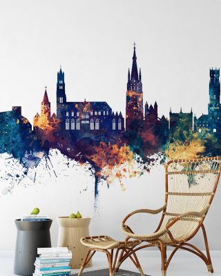 Bruges Belgium Skyline Blue & Bronze Wallpaper