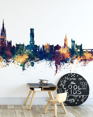 Bruges Belgium Skyline Blue & Bronze Wallpaper
