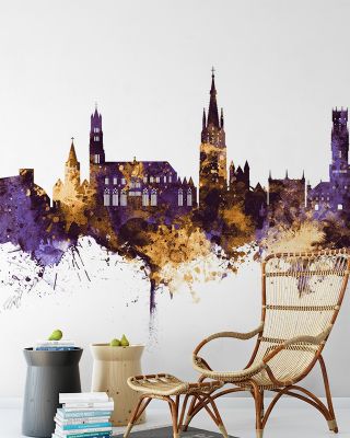 Bruges Belgium Skyline Purple & Gold Wallpaper