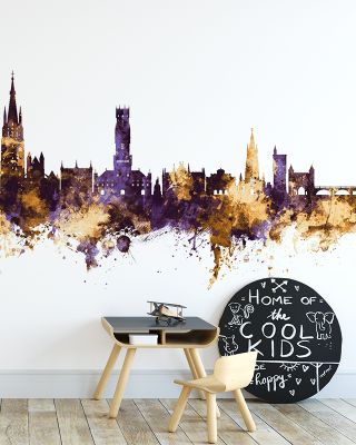 Bruges Belgium Skyline Purple & Gold Wallpaper