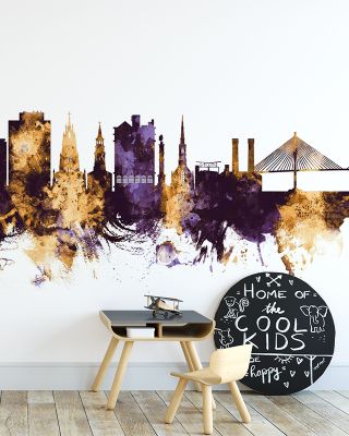 Charleston South Carolina Skyline Purple & Gold Wallpaper