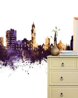 Colchester England Skyline Purple & Gold Wallpaper