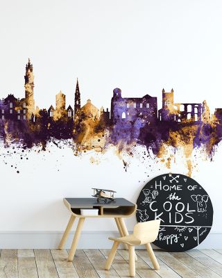 Colchester England Skyline Purple & Gold Wallpaper