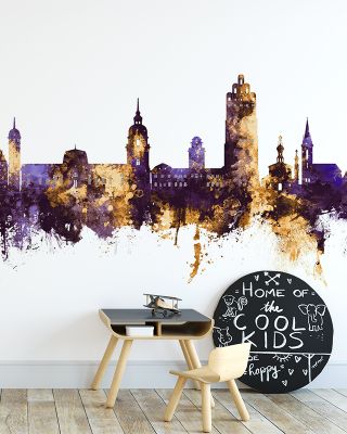 Darmstadt Skyline Purple & Gold Wallpaper