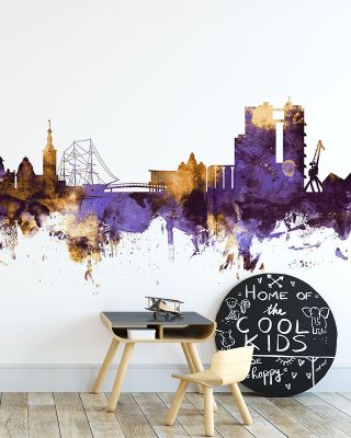 Halmstad Sweden Skyline Purple & Gold Wallpaper