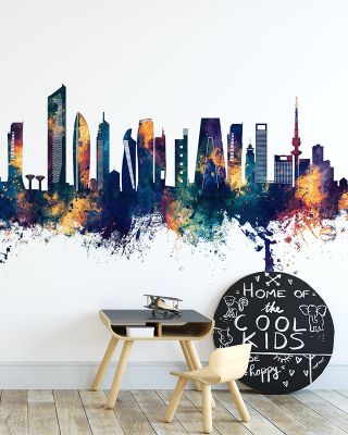 Kuwait City Skyline Blue & Bronze Wallpaper