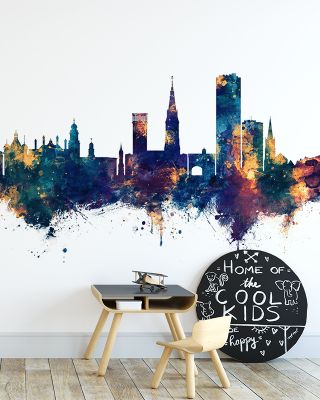 Leicester England Skyline Blue & Bronze Wallpaper