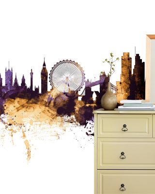 London Skyline Purple & Gold Wallpaper