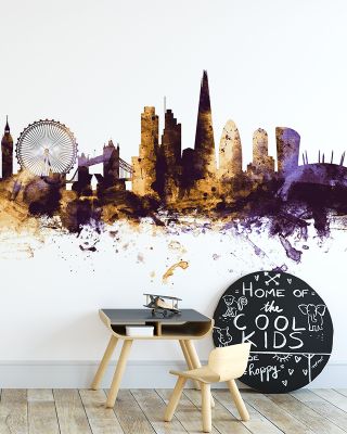 London Skyline Purple & Gold Wallpaper