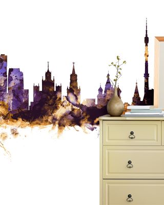 Moscow Russia Skyline Purple & Gold Wallpaper