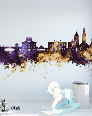New Bern North Carolina Skyline Purple & Gold Wallpaper