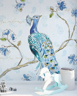 Peacock Allegory I White Wallpaper
