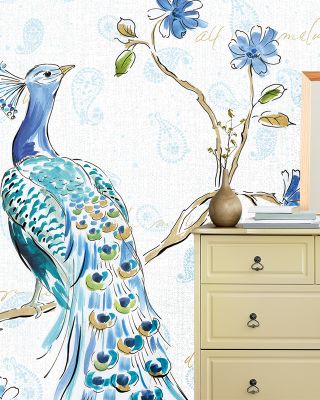 Peacock Allegory I White Wallpaper