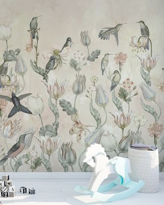 Tulips & Birds, Beige Wallpaper