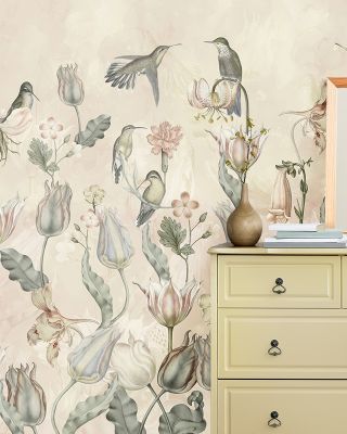 Tulips & Birds, Beige Wallpaper