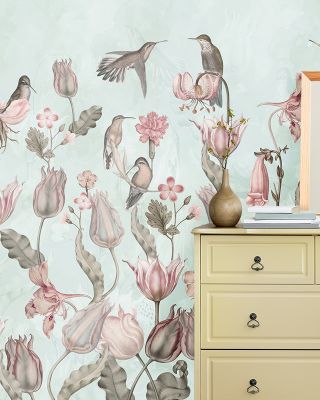 Tulips & Birds, Pistachio Wallpaper