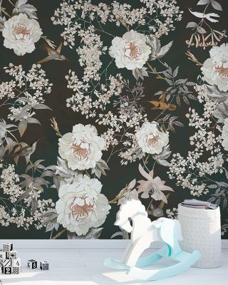Vintage Flowers in Dark Green Wallpaper