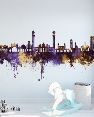 Faislabad Pakistan Skyline Purple & Gold Wallpaper