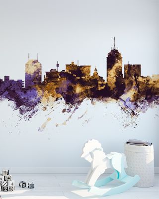Fresno California Skyline Purple & Gold Wallpaper