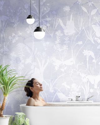 Herbals and Butterflies Double Silhouette Blue Wallpaper