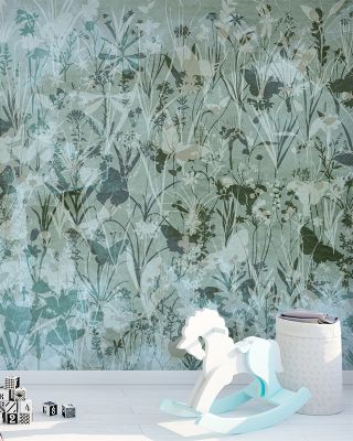 Herbals and Butterflies Double Silhouette Green Black Wallpaper