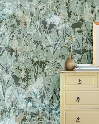 Herbals and Butterflies Double Silhouette Green Black Wallpaper