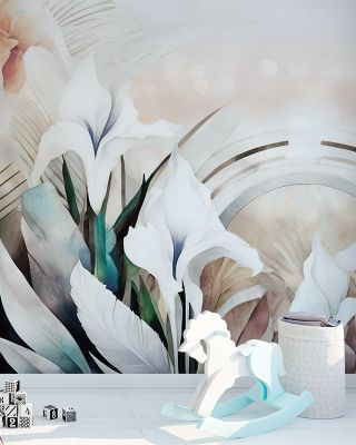 Irises and Feathers Bright Wallpaper