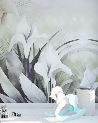 Irises and Feathers Purple Yellow Wallpaper