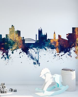 Manchester England Skyline Blue & Bronze Wallpaper