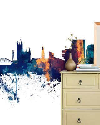 Manchester England Skyline Blue & Bronze Wallpaper