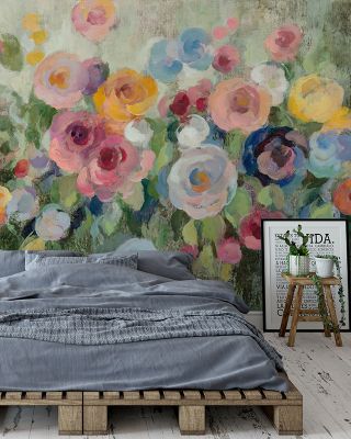 Flowers on Mossy Green Botanical Wallpaper