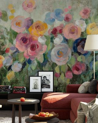 Flowers on Mossy Green Botanical Wallpaper