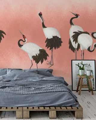 Japanese Cranes Blush Floral Wallpaper
