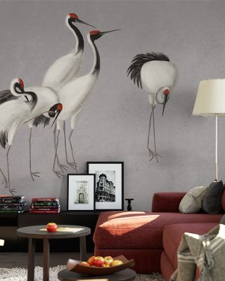Japanese Cranes Stone Floral Wallpaper