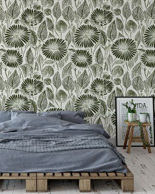Marguerites, Forest Green Floral Wallpaper