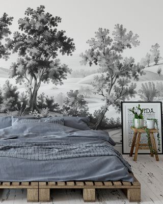 Pastoral Toile, Black & White Vintage Wallpaper