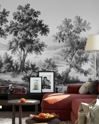 Pastoral Toile, Black & White Vintage Wallpaper