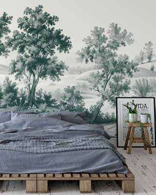 Pastoral Toile, Bottle Green Vintage Wallpaper