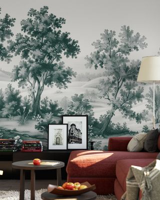 Pastoral Toile, Bottle Green Vintage Wallpaper