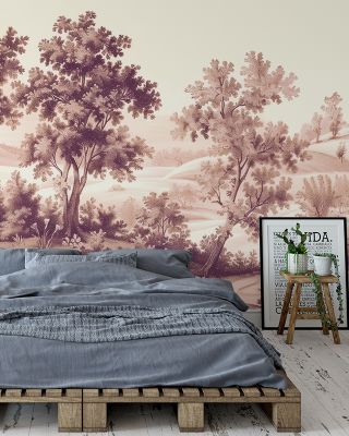 Pastoral Toile, Burgundy Vintage Wallpaper