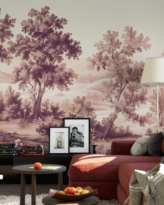 Pastoral Toile, Burgundy Vintage Wallpaper