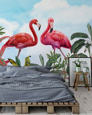 Shy Flamingos Sky Tropical Wallpaper