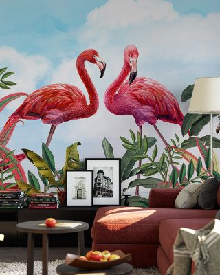 Shy Flamingos Sky Tropical Wallpaper