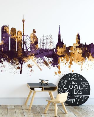 Gothenburg Skyline Purple & Gold Wallpaper