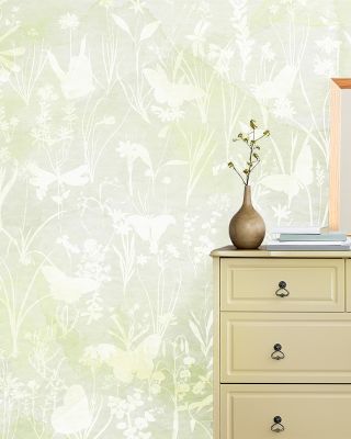 Herbals and Butterflies Double Silhouette Spring Green Wallpaper