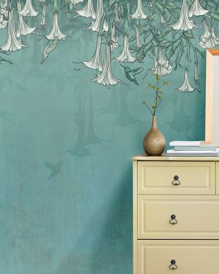 Hummingbirds and Trumpets Green Wallpaper